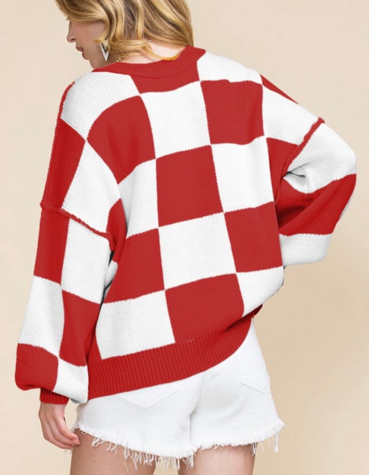 Crimson Red Checkered Sweater