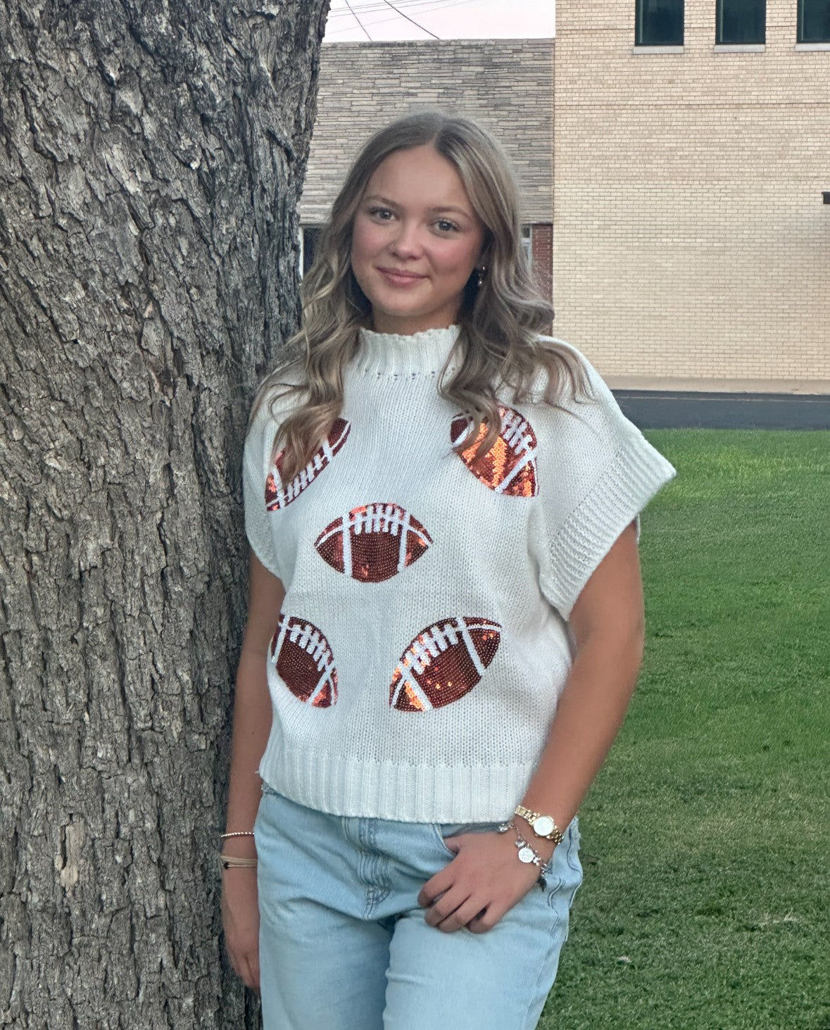 White Sequence Football Sweater