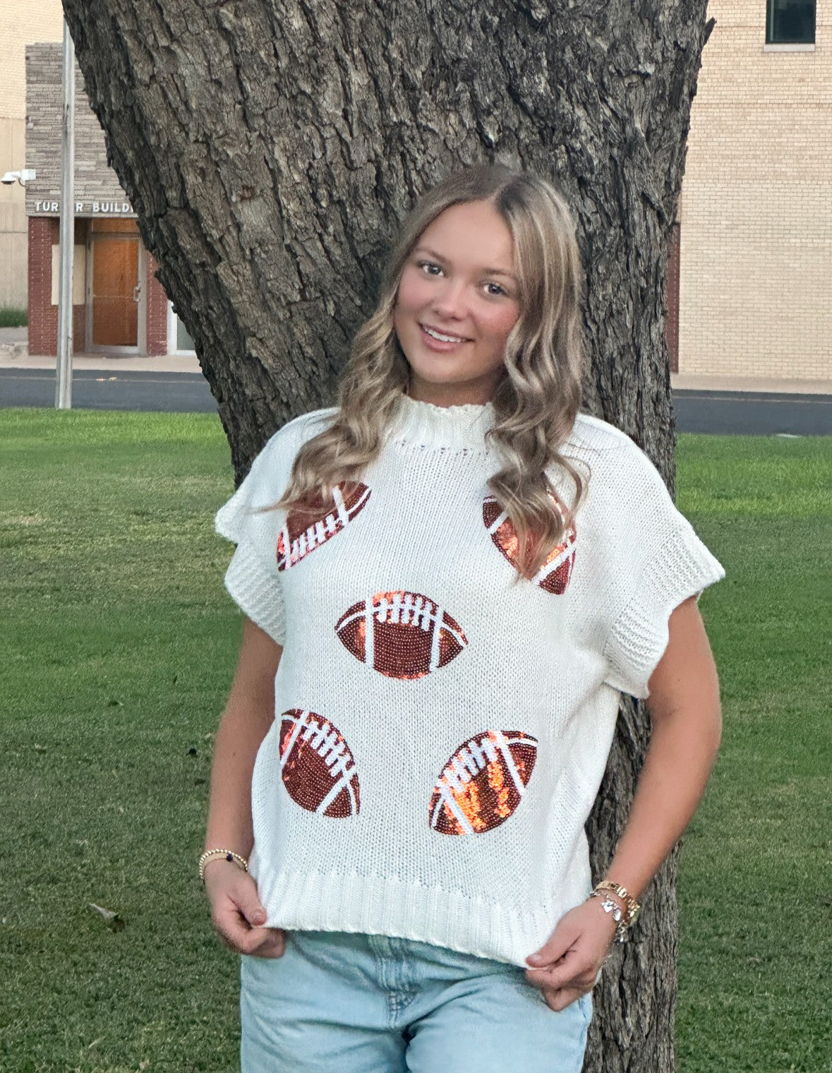 White Sequence Football Sweater